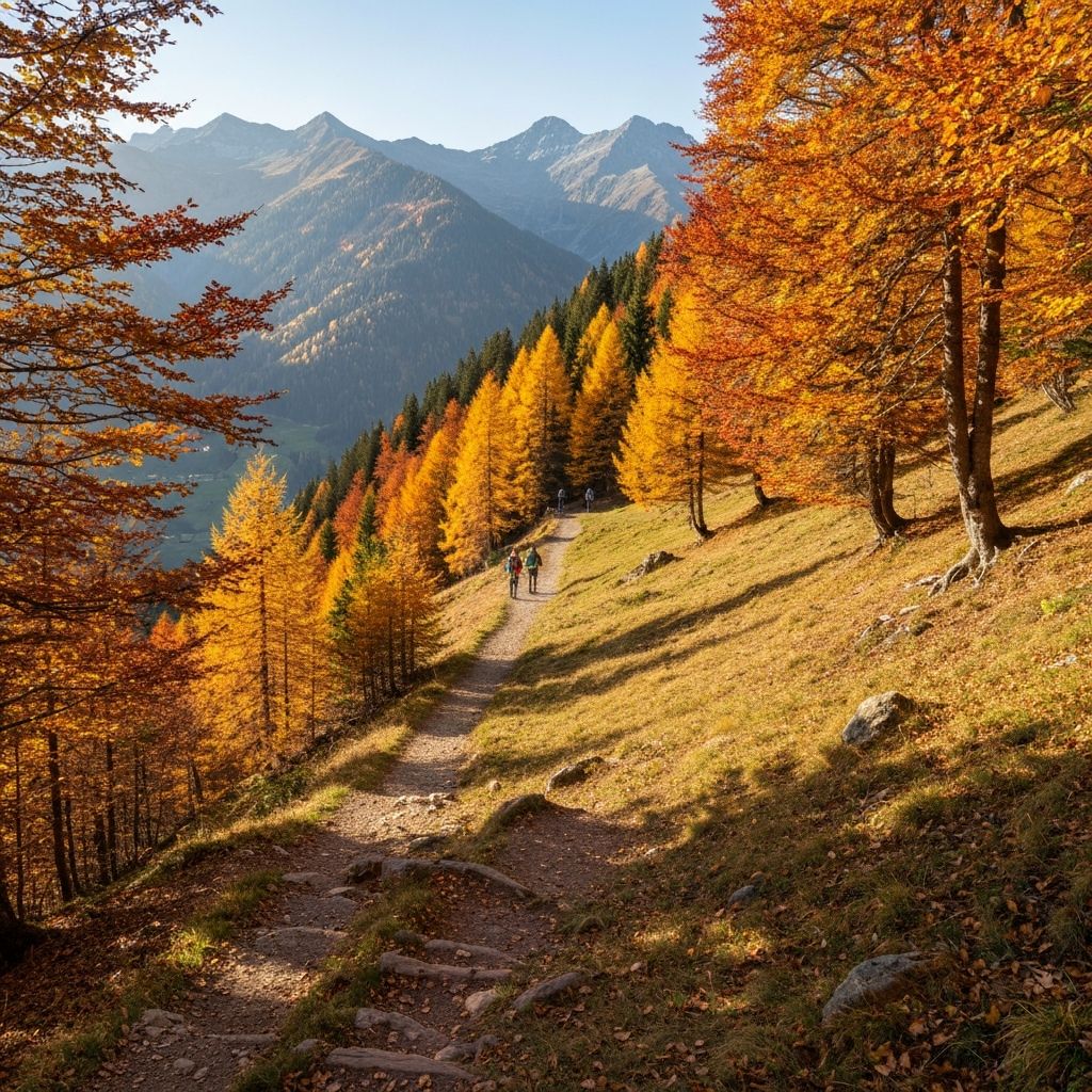 Autumn hiking trail through golden forest near Passugg
